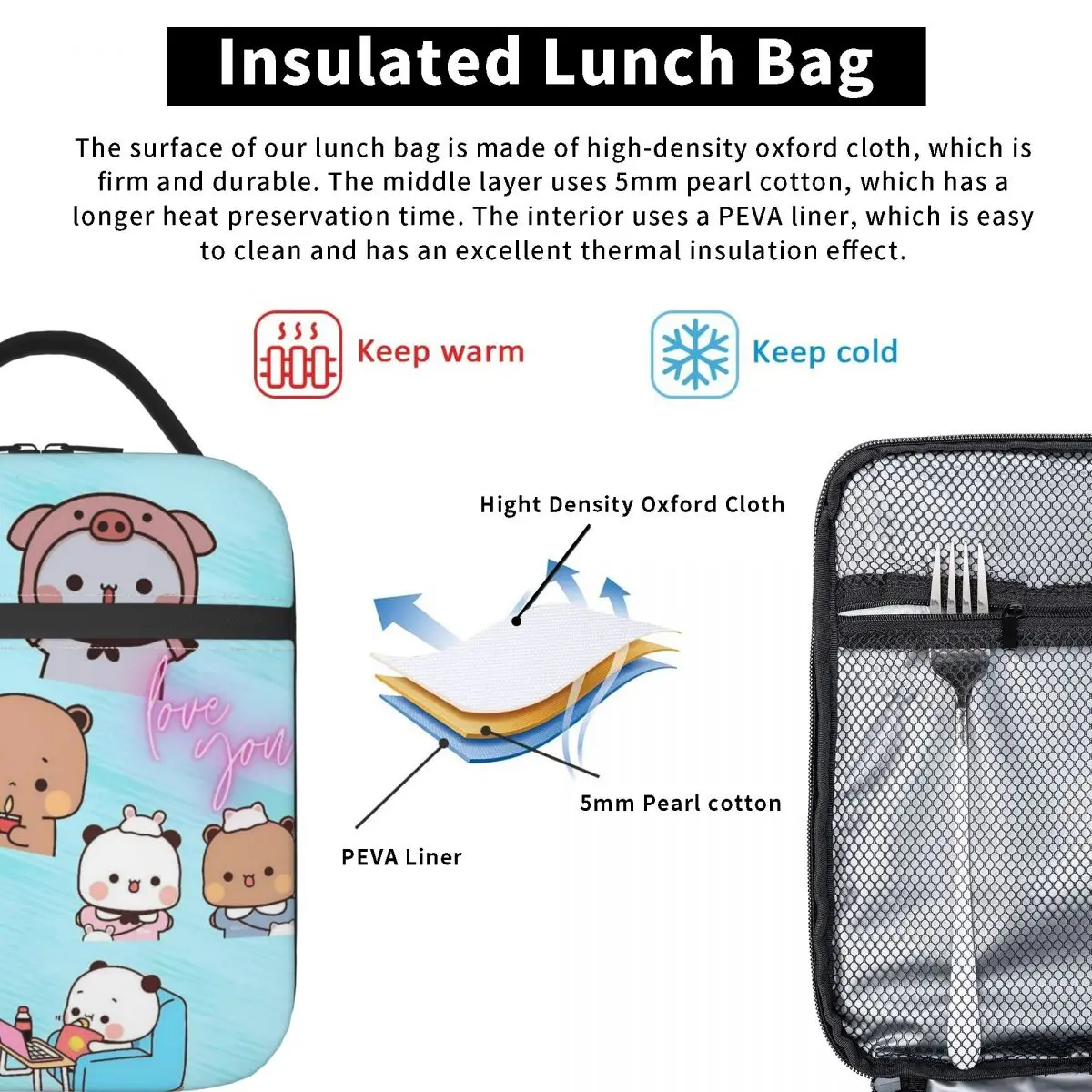 Bubu Dudu لطيف الكرتون الدب شخصية الغداء حقيبة Kawaii الباندا العمل علب الاغذية للطفل أكياس الغداء الحرارية أكسفورد حقيبة للحفاظ على البرودة