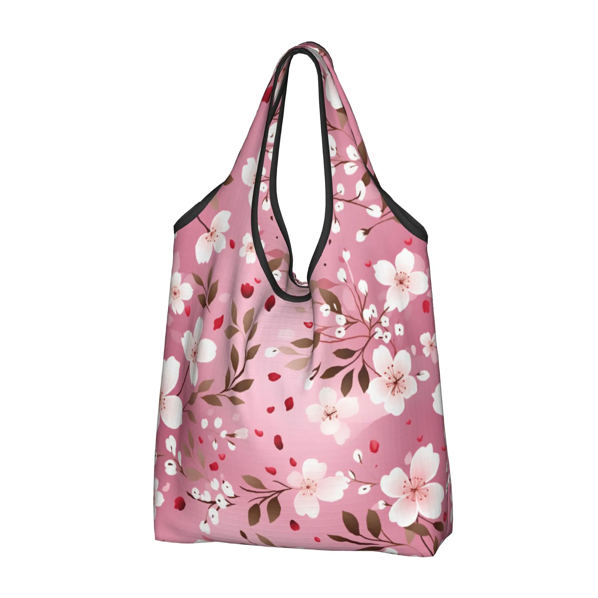 Japane Flowers Cherry Blossom  Grocery Shopping Tote Bags Cute White Flowers on Pink  Shopper Shoulder Bags Big Capacity Handbag