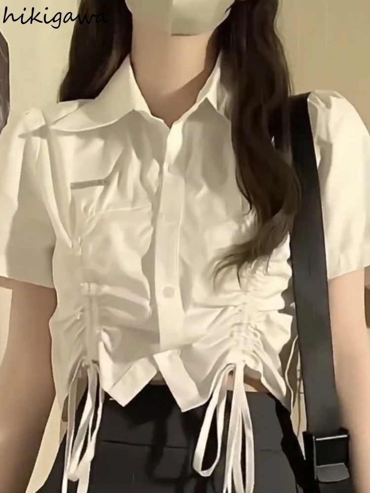 

White Blouse for Women Camisas De Mujer Short Sleeve Tunic Shirts Crop Tops Fashion Summer Drawstring Sweet Japanese Y2k Blouses