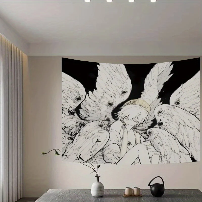 Chic Anime Boy-White Wing Tapestry-Polyester Wall Hanging for Bedroom Living Room and Home Decor Includes Free Accessories
