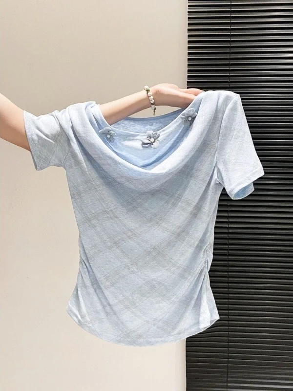

Outlet Store Tagless Short Sleeve T-Shirt Women Waist Cinching Floral Print Slimming Top Commute Style Korean Version