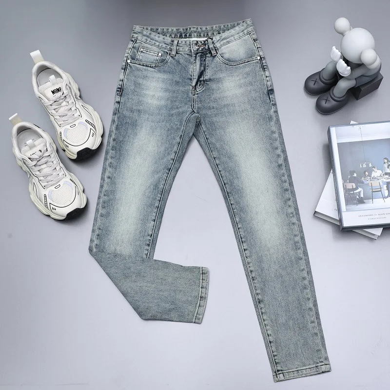 2024New Retro Washed Jeans Men's Summer Thin Fashion Printed Slim-Fitting Small Straight Casual Long Pants