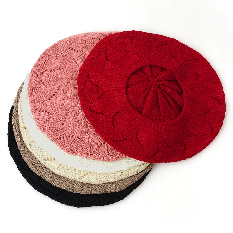 Geebro Women\'s Plain Color Knit Beret Hat Ladies French Artist Beret Hats Spring Casual Thin Acrylic Berets for Women Beanie