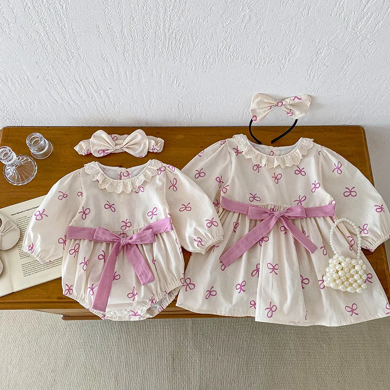 

2025 Fall Baby Girl Outfit Purple Bow Romper Long Sleeve Dress & Bloomers Set Toddler Sweet Outfit 0-24 Months Sister Matching​