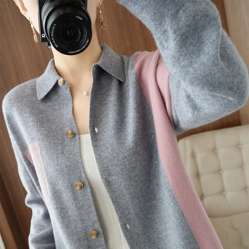 Colorblock Knitted Wool Cardigan Four Seasons New Elegant Women's Lapel Casual Fashion Unique Style Delicate Soft All-Match Coat