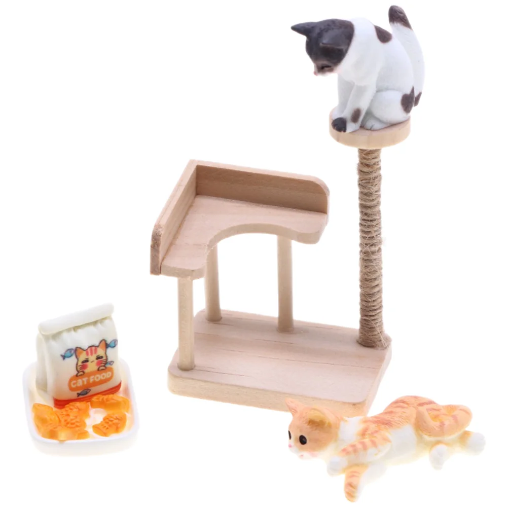 Cat Climbing Frame Miniature Figurine Model Tree Adornment Toy Wooden And Tower