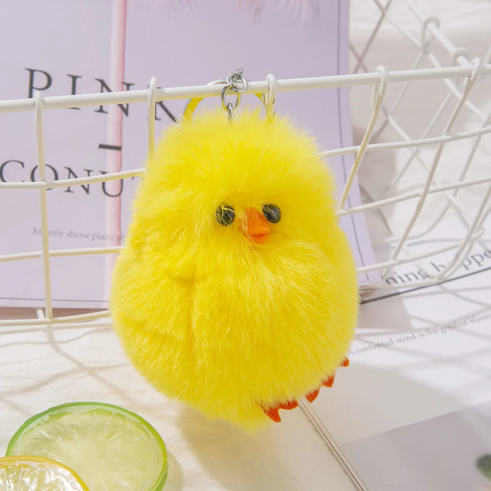 Cute Fluffy Faux Rabbit Fur Yellow Duck Keychain Women Girls Plush Pompon Chicken Chick Key Chain On Bag Car Wedding Party Gifts