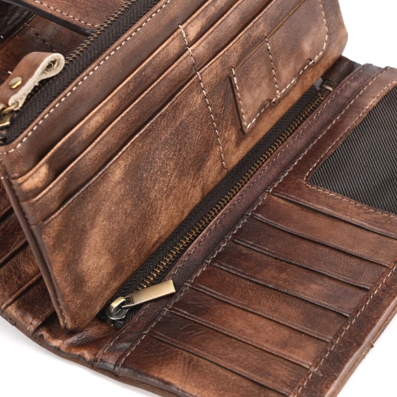 Vintage mode cire huile peau Long sac à main en cuir véritable Notecase pour dames filles 2 plis Long portefeuille RIFD hommes portefeuille