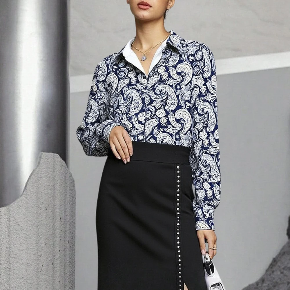 

Mia Muse Boutique Autumn Shirts 2025 Women's Chic Retro Vintage Full Print Long Sleeve Shirt Collar Fitting Slim Casual Shirts