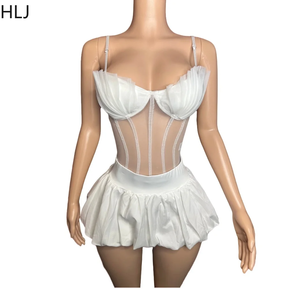 HLJ White Sexy Mesh Ruched Corset Vest Two Pece Sets For Women Strap Slim Crop Top And Puffy Mini Skirts Nightclub Outfits 2024