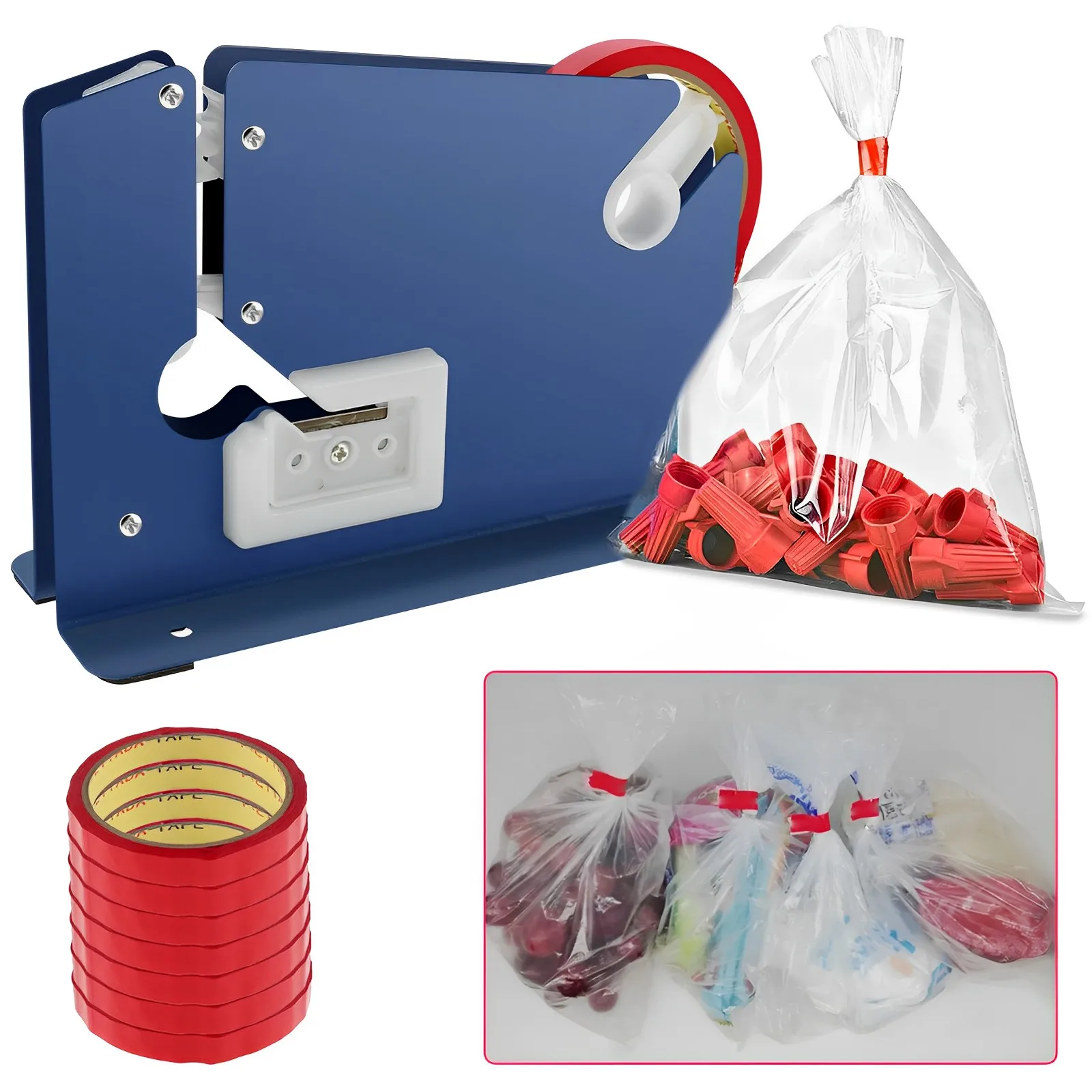 Steel Tape Bag Sealer with 7 Bag Sealing Tape, Plastic Bag Sealer Poly Bag Sealer Metal Produce Bag Sealing Tape Dispenser