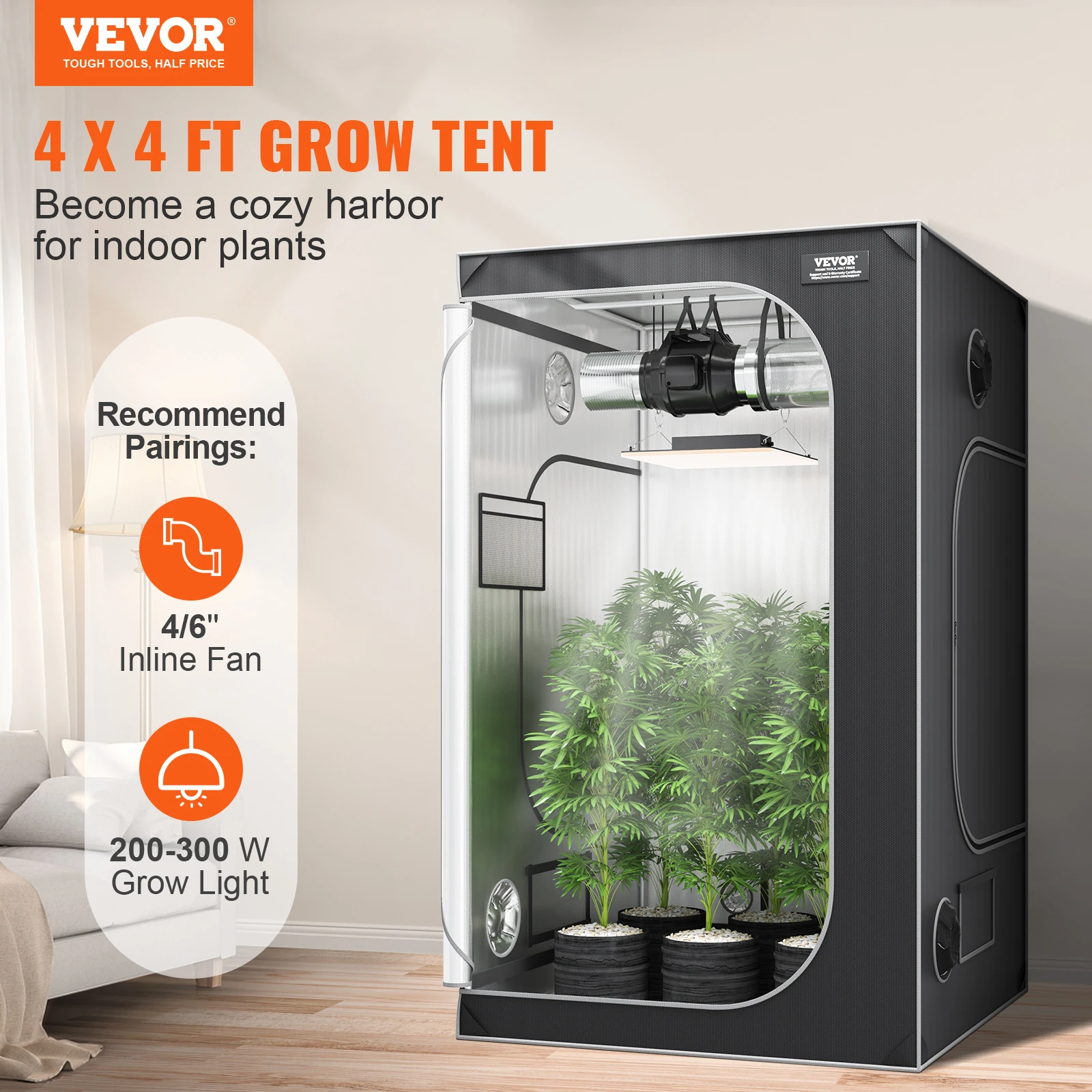 VEVOR 4x4 Grow Tent 48x48x80in Reflective 2000D Mylar Hydroponic Growing Tent w/Window&Tool Bag&Floor Tray for Plants Growing