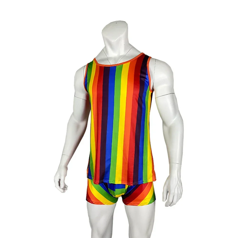 Tank Men Pajamas Set Daily Office Tight Casual Colorful Comfortable Gym M-3XL Rainbow Round Collar Sexy Comfortable