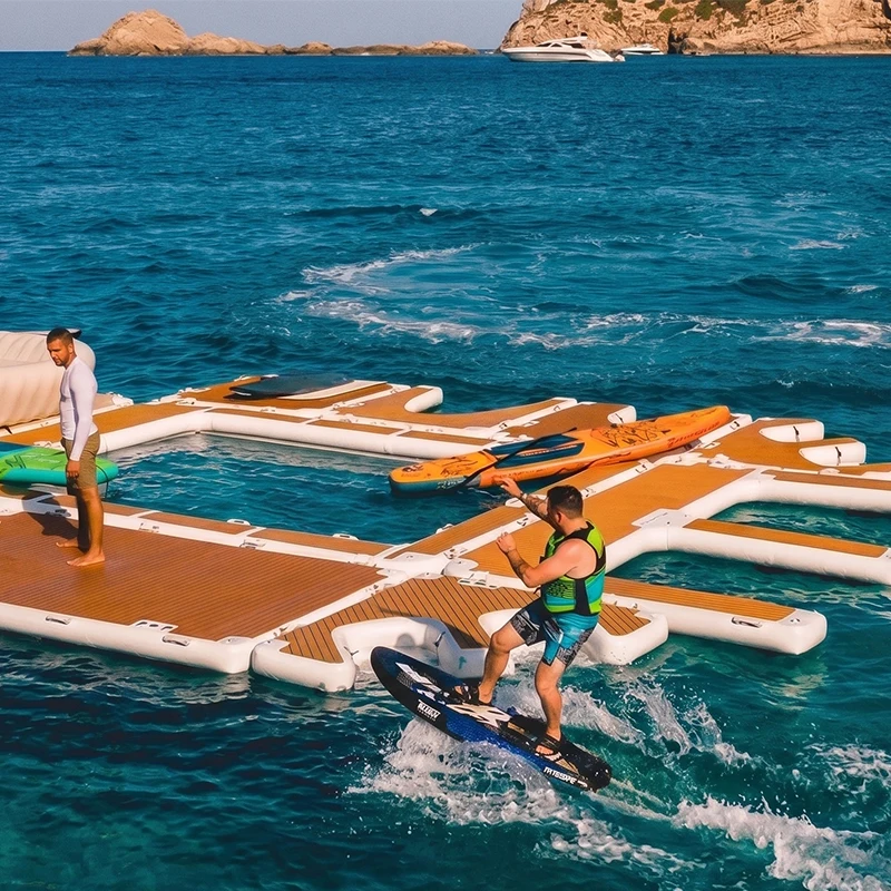 Custom Drop Stitch Inflatable Jet Ski Floating Platform Teak‑Look Surface D‑Rings Handles Ballast Bags Extra Stability