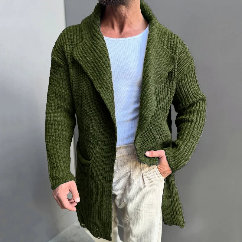 Vintage Casual Mens Knitted Cardigan Jacket Spring Autumn Lapel Pocket Hooded Knit Coats Design Trendy Outerwear Sweatercoats