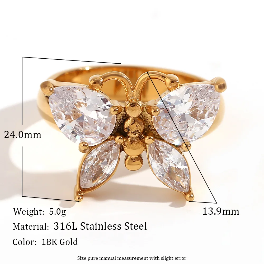 Cast Zircon Butterfly Stainless Steel Ring Waterproof Fashion Texture Unusual Stain Less Textured Jewelry