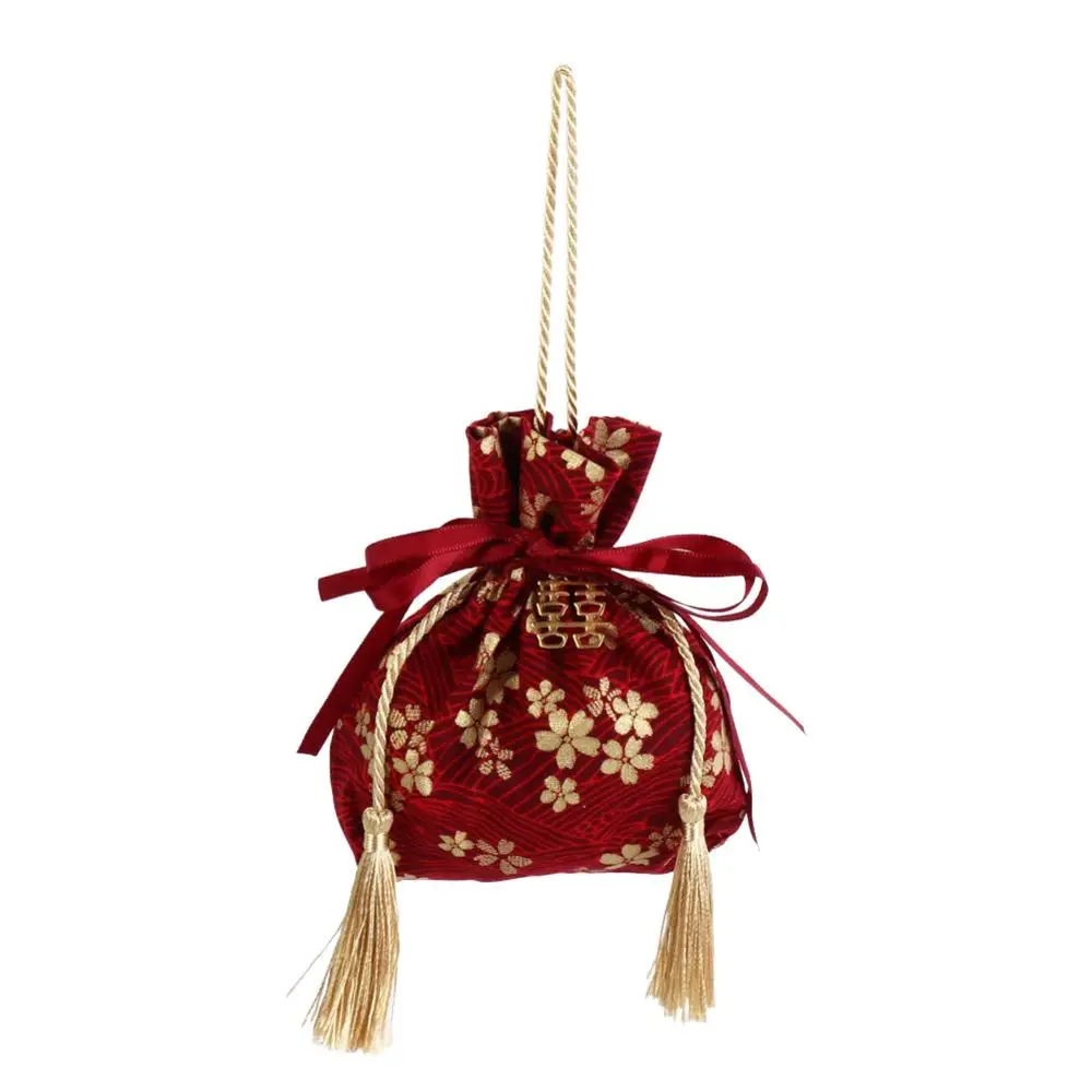 

Sakura Canvas Flower Drawstring Bag Stripe Pearl Pendant Ribbon Bow Wrist Bag Festive Sugar Bag Bucket Bag