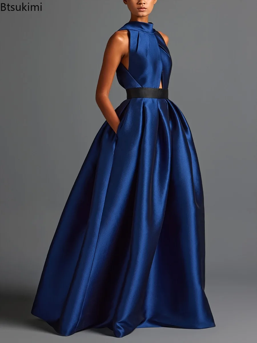2026 Elegante Neckholder-Satin-Partykleider für Damen – Frühling, sexy, drapiert, einfarbig, schmal geschnitten, langes Kleid mit Cut-Outs und Taschen, Abendkleid