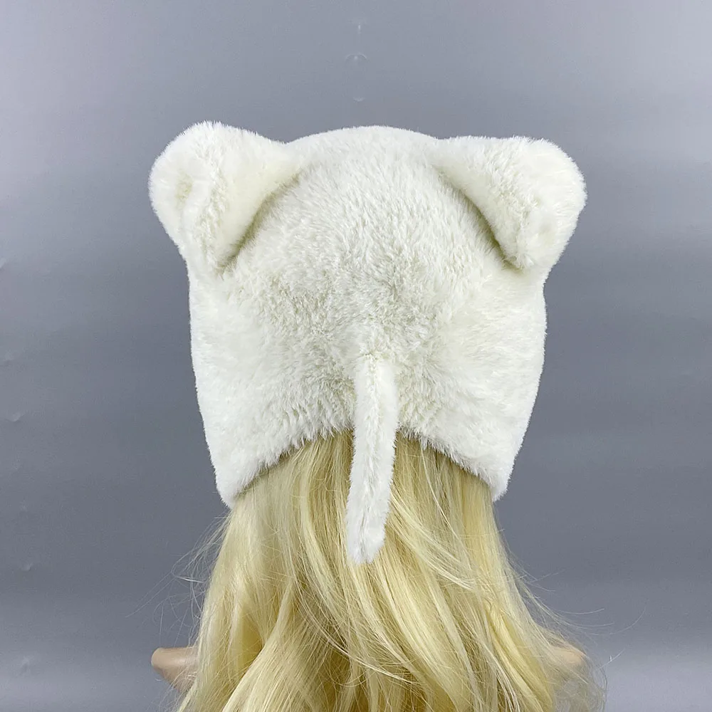 2024 New Winter Warm Earmuffs Cute Little Bear Short Tail Pilot Hat Faux Rabbit Fur Thickened Fluffy With Ear Flap For Women Cap