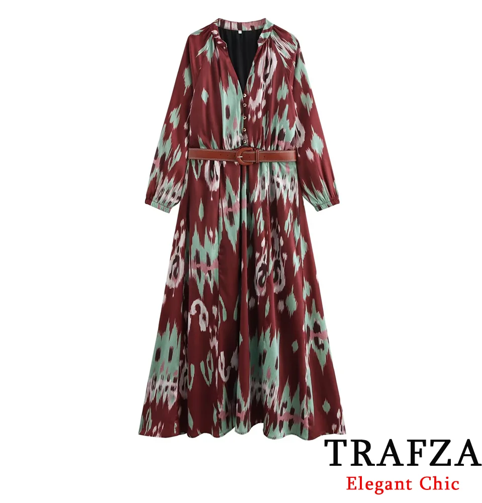 TRAFZA Women Vintage Dyed Dress Printed Belt Button Satin Textured Dress 2025 Spring/Summer New Product Glamour Features Dress