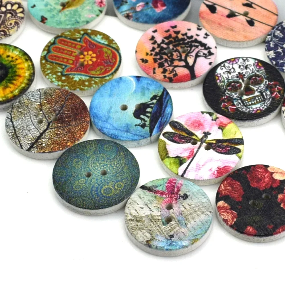 50PCS 20MM Retro Theme Round Printing Wood Buttons Sewing Cloth Scrapbooking Crafts Home Card Making Accessories Making Decor