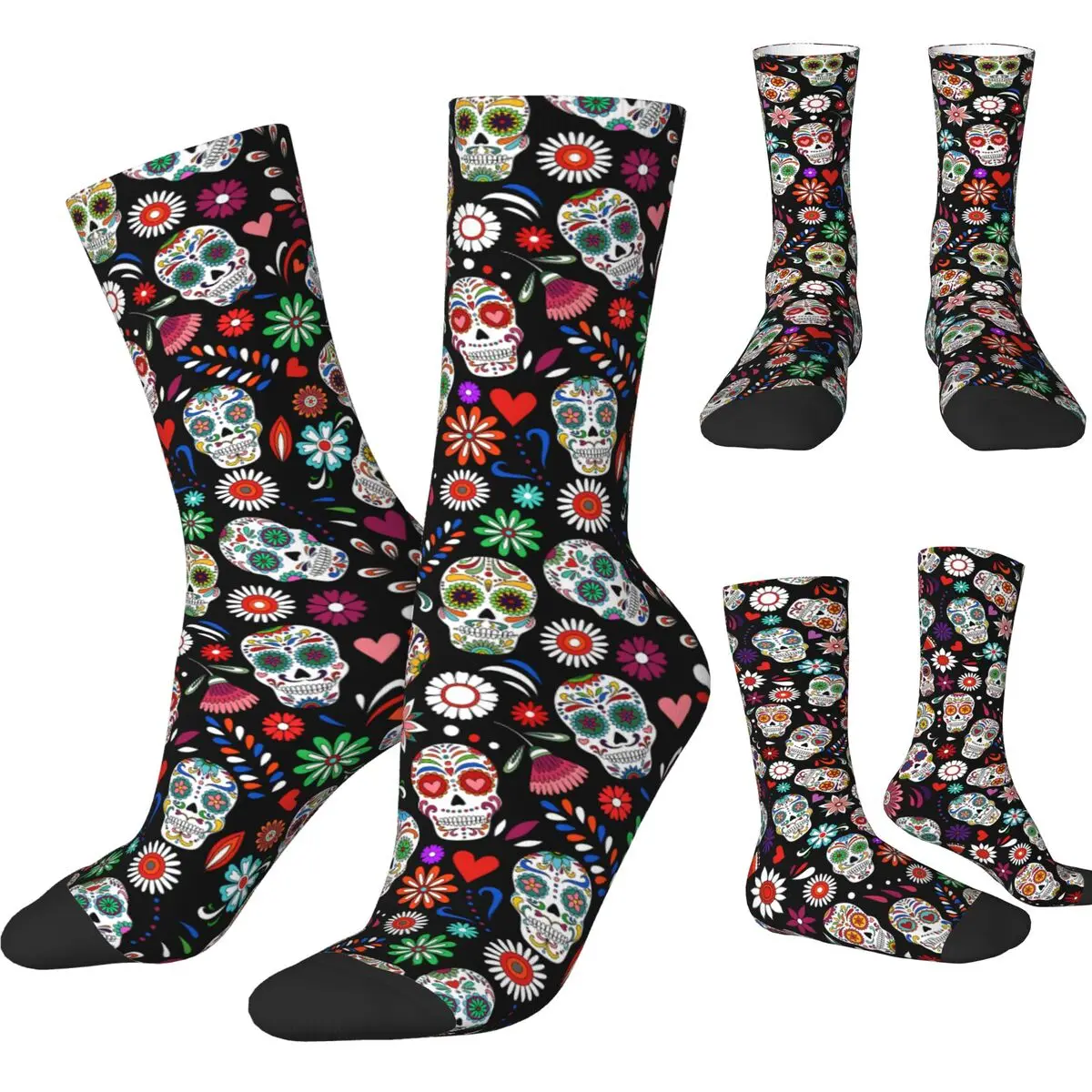 Funny Day Of The Dead Sugar Skull Basketball Socks horror Polyester Long Socks for Unisex Breathable