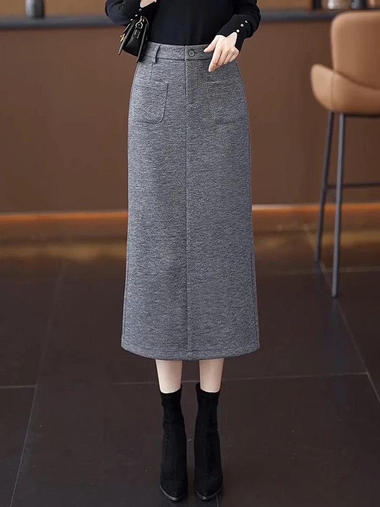

Gray Woolen Suit Skirt High Waist Rear Slit Midi Bodycon Women's Autumn Winter New Style Commute Korean Version A-Line Skirt