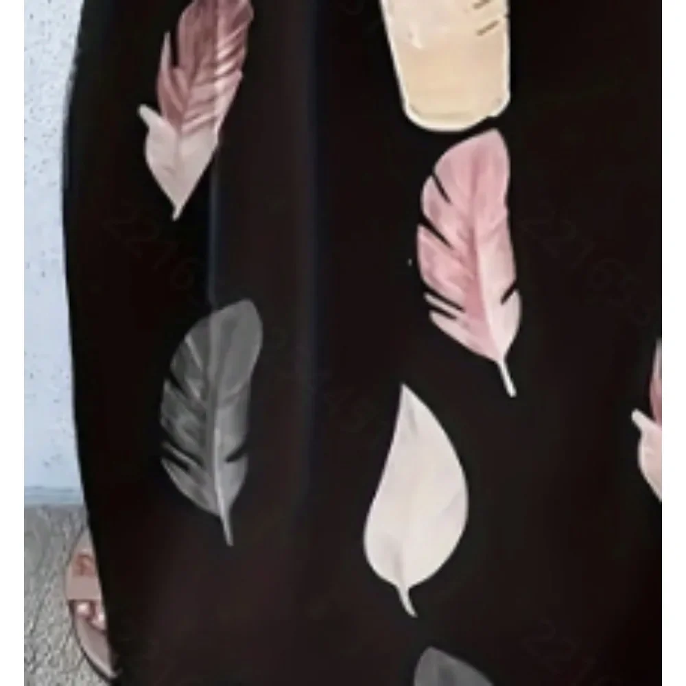 Plus Größe 1XL-5XL Mode frauen Feder-Print Rundhals Ärmelloses Kleid Damen Casual Oansatz Lange Strand Kleid