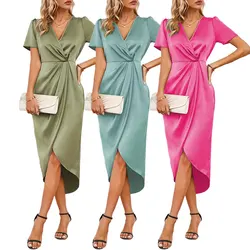 Elegant Satin Summer Dress 2024 Women V-Neck Dress Short Sleeve Satin Maxi Midi Dress Silk V Neck Evening Party Female for Prom