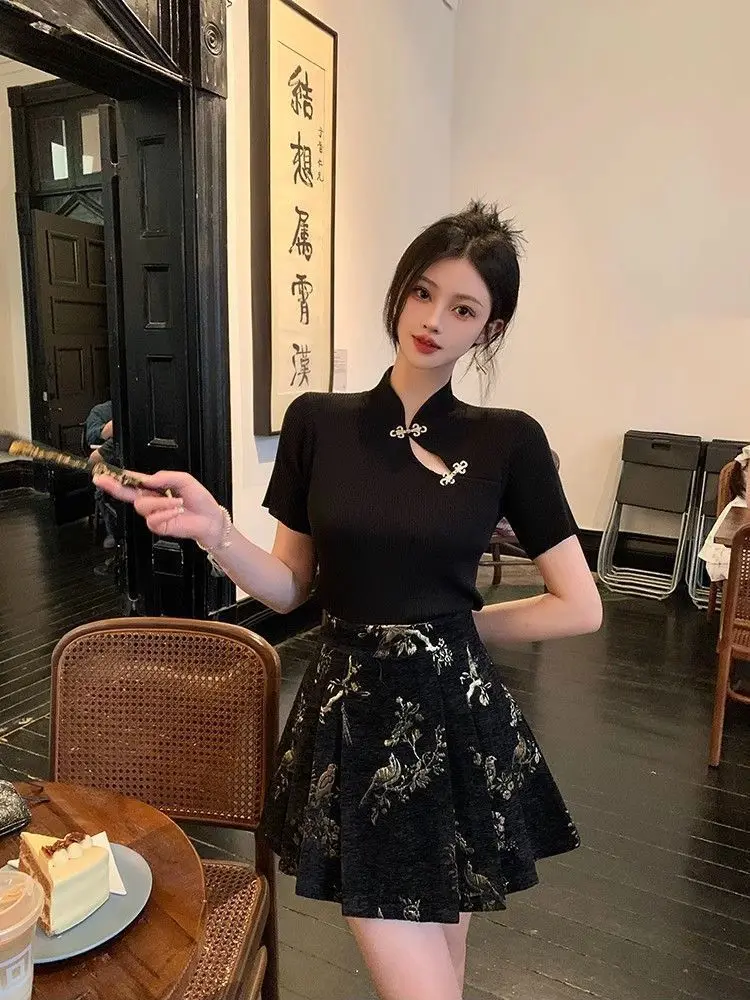 Roupa de verão estilo chinês slim fit top de manga curta com saia de rosto de cavalo conjunto de duas peças