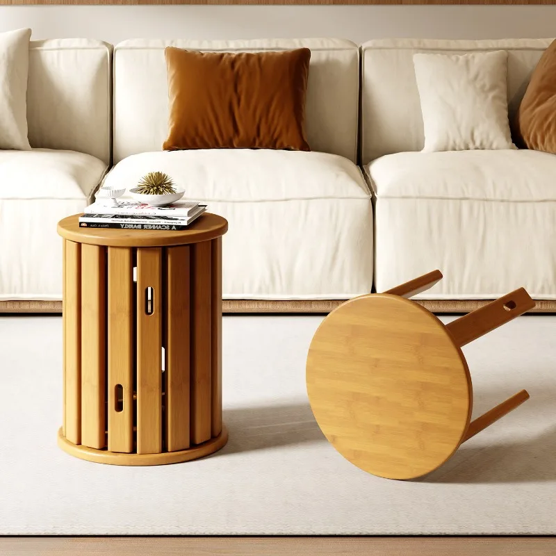Bamboo Stackable Dining Stool Round Nesting Bench Household Combined Foldable Chair Living Room Space Saving Seating Furniture
