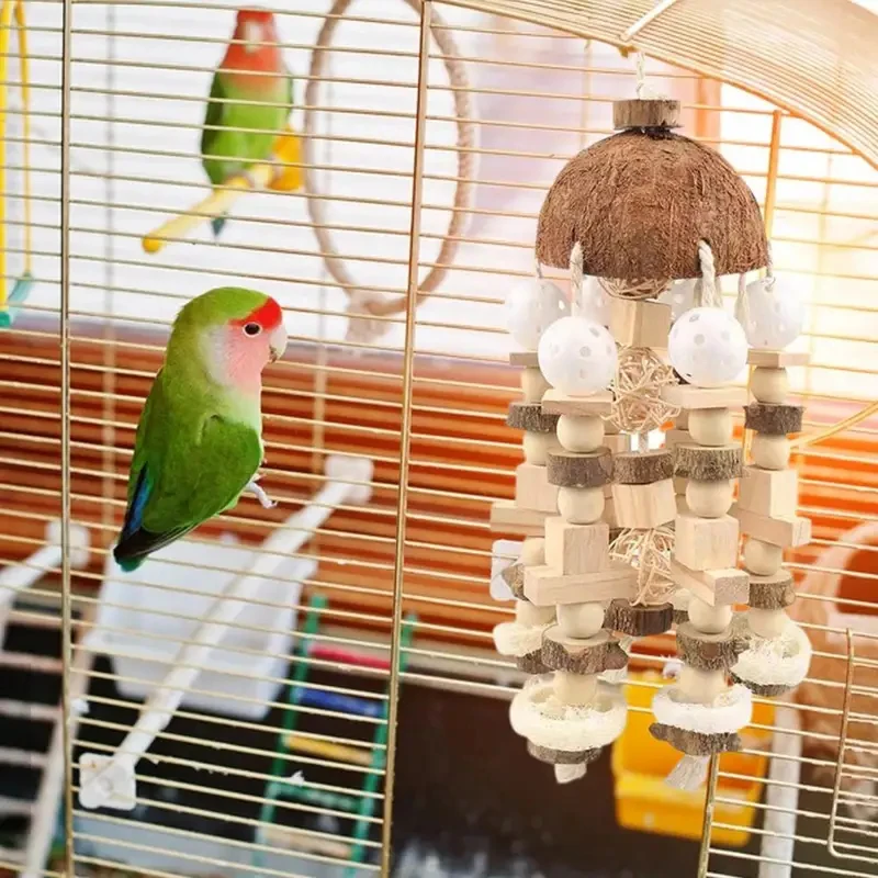 Natural Coconut Shell Parrot Chewing Toy, Hanging Wooden Bite Toy for Medium Large Birds, Parrot Cage Pet Supplies