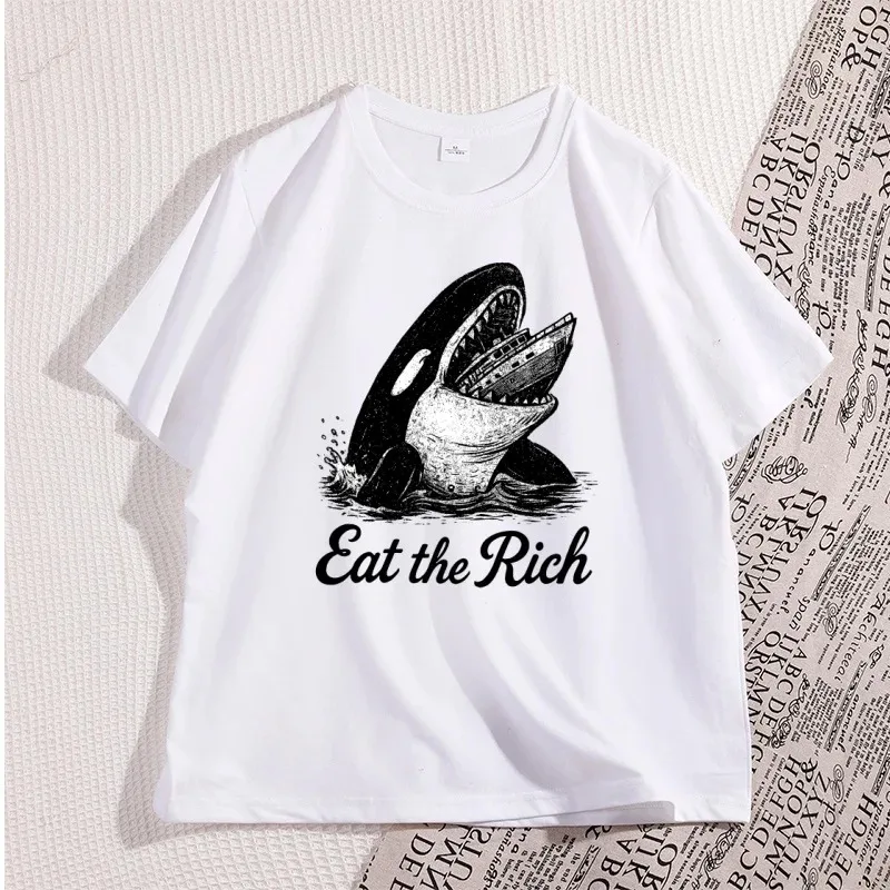 

"Eat The Rich" Orca T Shirt Political Statement Print Tee Short Sleeve Casual Summer Casual Neutral Clothing for Activists Fans