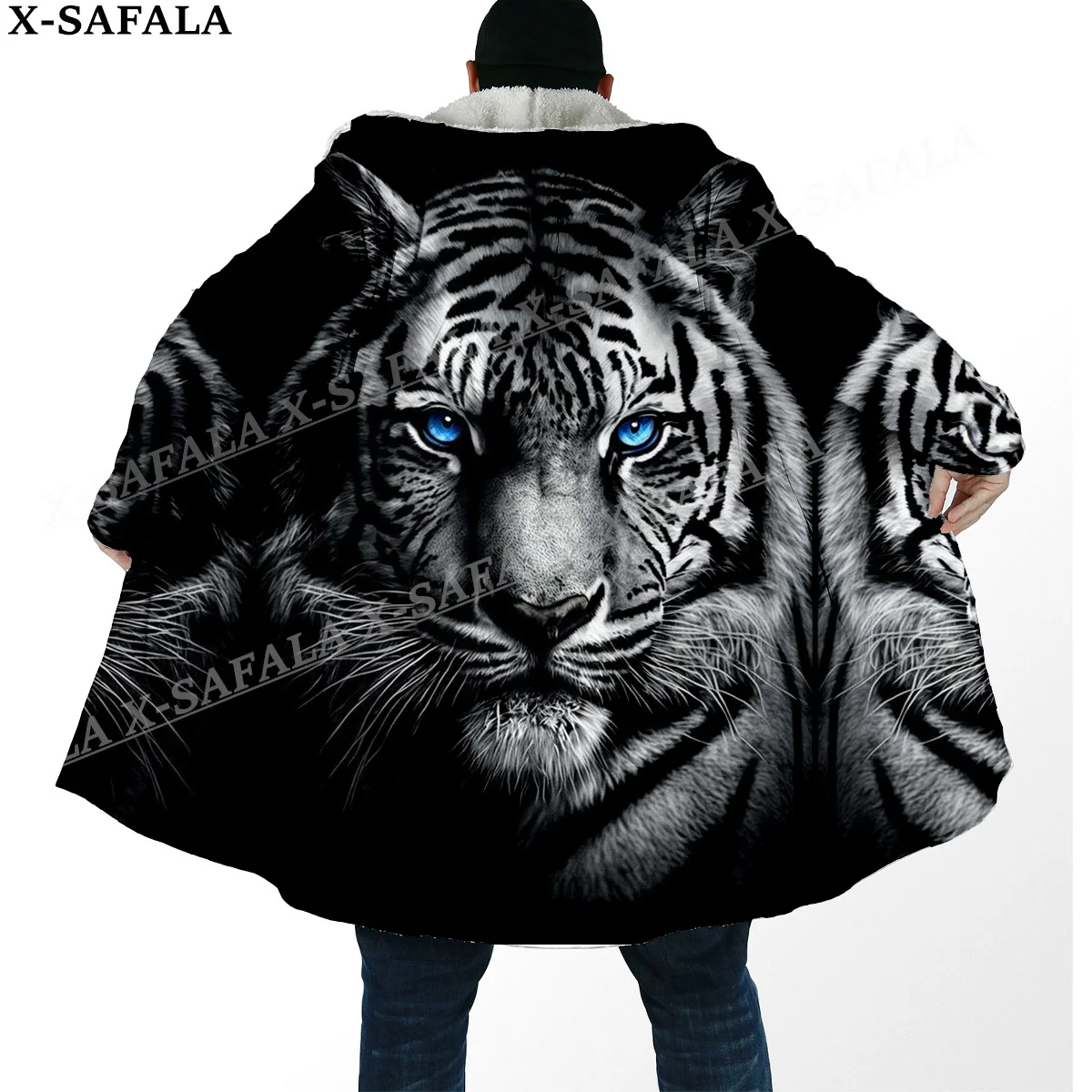 Mythology Tiger The King Spirit Thick Warm Hooded Cloak Men Overcoat Coat Windproof Fleece Cape Robe Hooded Blanket-14