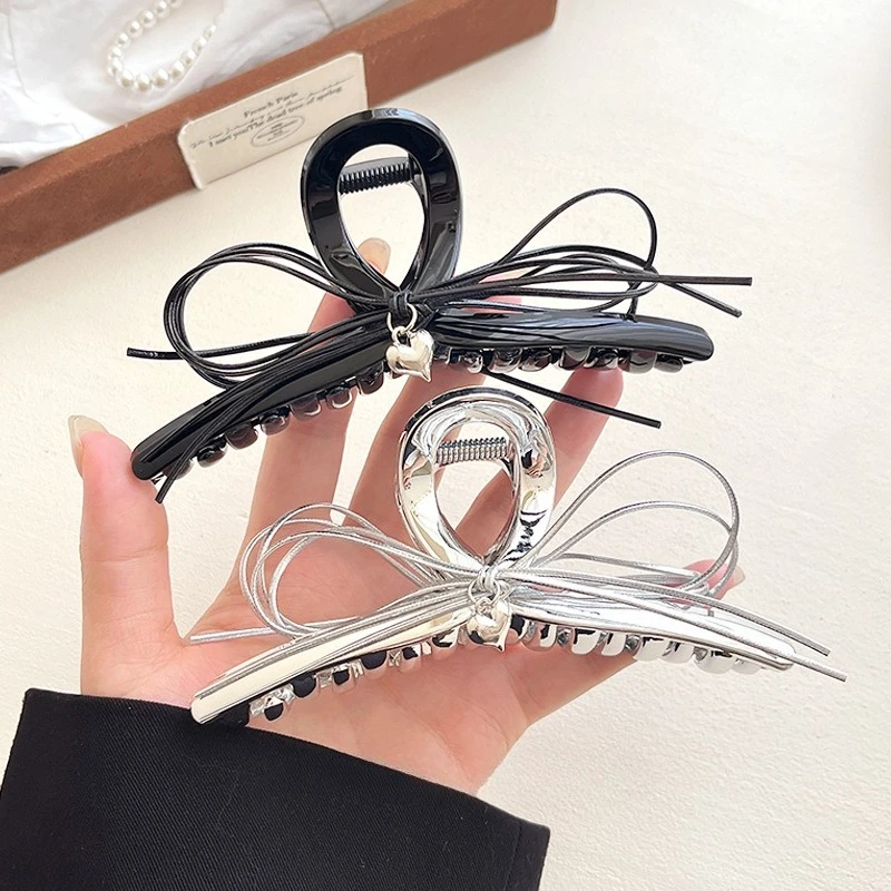 

Elegant Leather Rope Bow Hair Claw, Silver Large Shark Clip, High-end Hair Accessories for Updo
