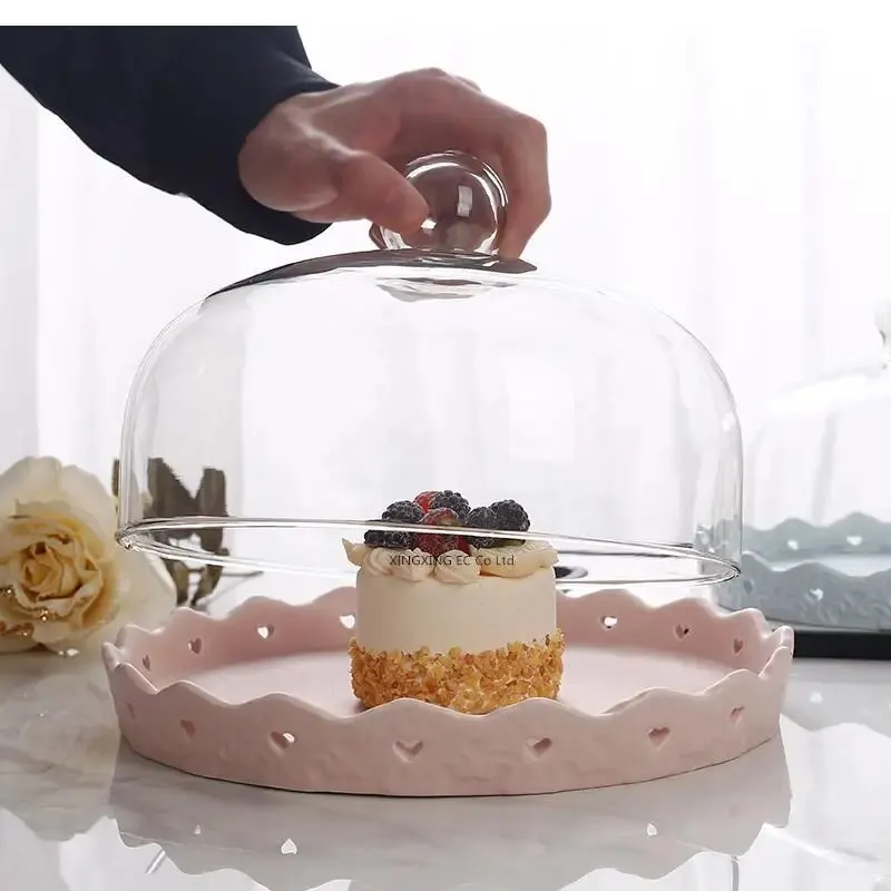 

Transparent Glass Cover Cake Plate Ceramic Tableware Bread Fruit Dessert Table Display Stand Restaurant Supplies