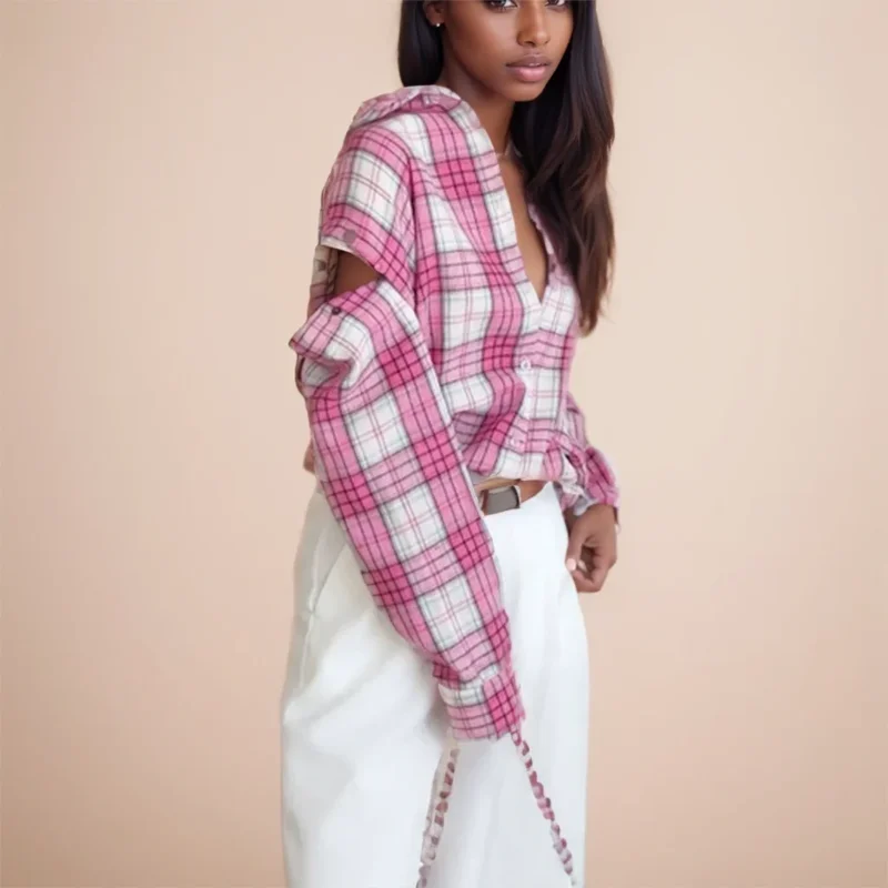 

Розовая клетчатая женская рубашка большого размера, универсальный новый стиль, со съемным воротником с длинными рукавами и верхним слоем