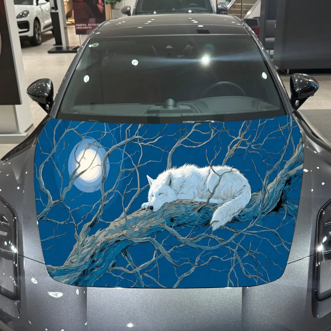 

White Wolf Twilight Branch Brave Adventure PVC Car Hood Wraps, Self-Adhesive Waterproof Car Bonnet Decal Sticker, Car Decoration