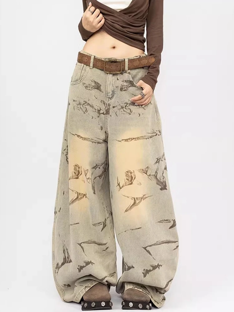 

Осенние джинсовые брюки с принтом тай-дай для женщин, потертые синие широкие джинсы, американские модные брюки в стиле ретро, уличные брюки