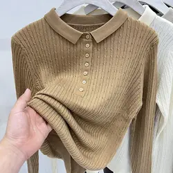 Polo Collar Knitted Top Women's Autumn and Winter Collar Fried Dough Twists Versatile Sweater Slim Undercoat Fashion Sweaters