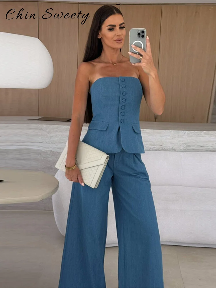 

Casual Denim Trousers Sets Women Solid Strapless Single Breasted Slim Top High Waist Wide Leg Pants 2025 Summer Lady Streetwear