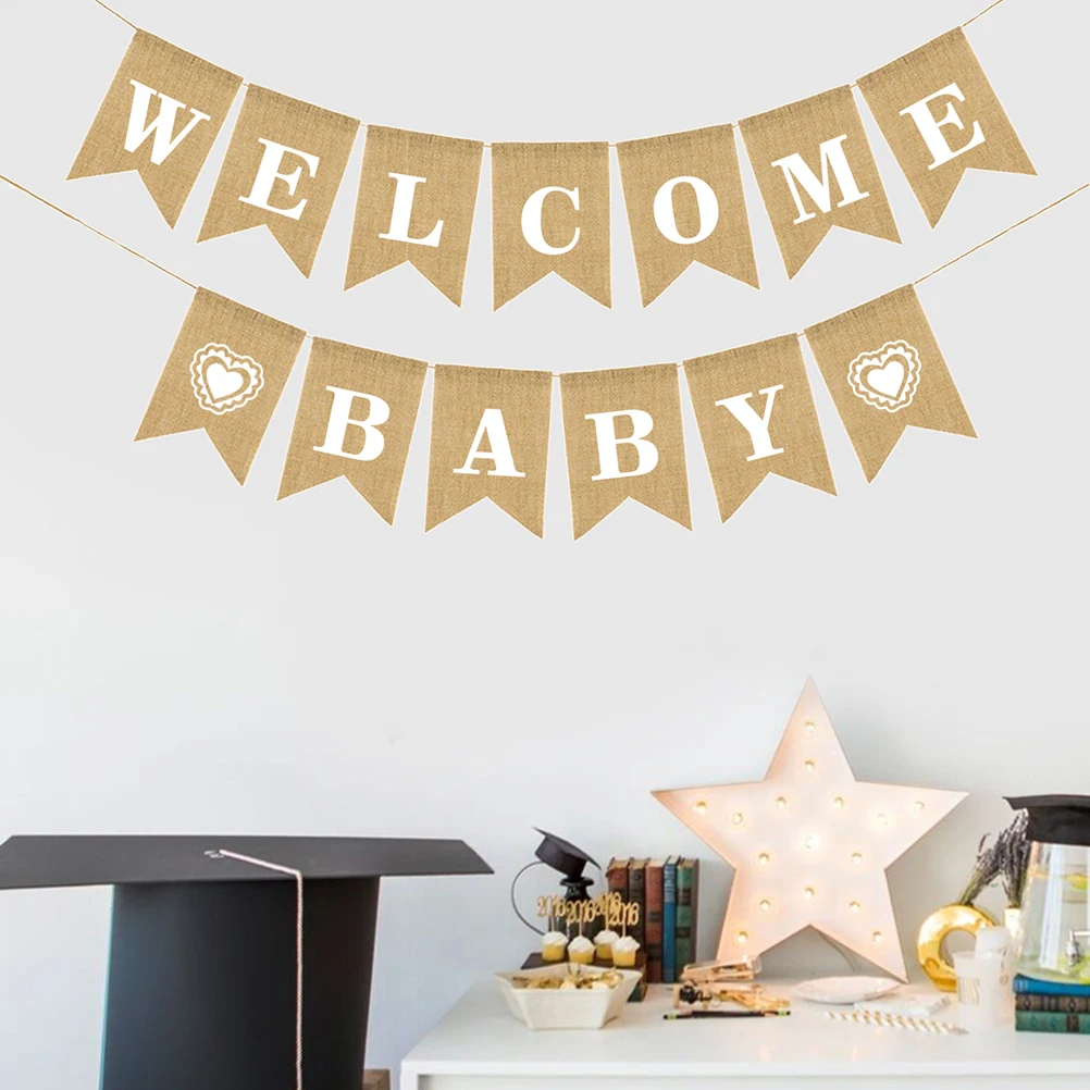 

Welcome Baby Letters Bunting Banner Heart Shape Linen Burlap Swallowtail Pull Flag Party Decoration Birthday Supplies