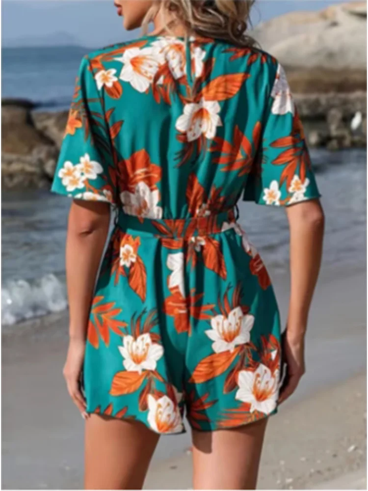 Printed V-neck Short Sleeve Jumpsuit Women Loose High Waisted Jumpsuit Beach Vacation Comfortable Summer Clothes