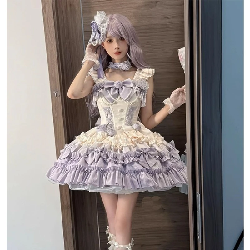 

Платье JSK для девочек, облегающее, элегантное, с милым бантом, без рукавов, мини, в стиле Лолита, женское платье Y2K для дня рождения, в стиле милой принцессы, фиолетовое