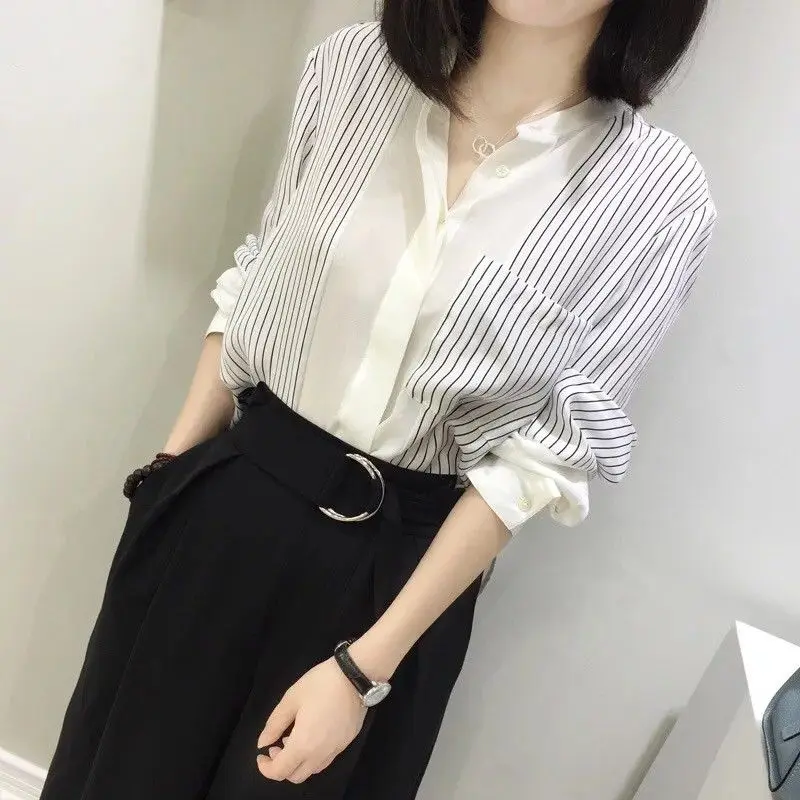 Spring Summer Loose Chiffon Shirt Tops Women\'s Fashion Striped Patchwork V Neck Long Sleeve Office Blouse Temperament Clothing