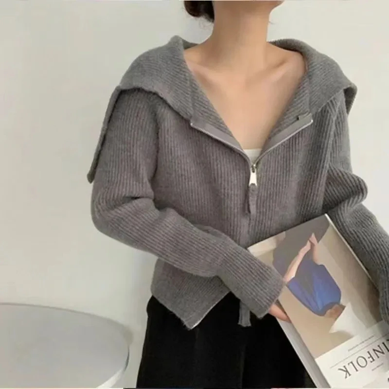 

GIDYQ Autumn Winter Solid Knit Sweater Women Korean Chic Zipper Sailor Collar Long Sleeve Cardigan Fashion Casual Sweet Coat Top