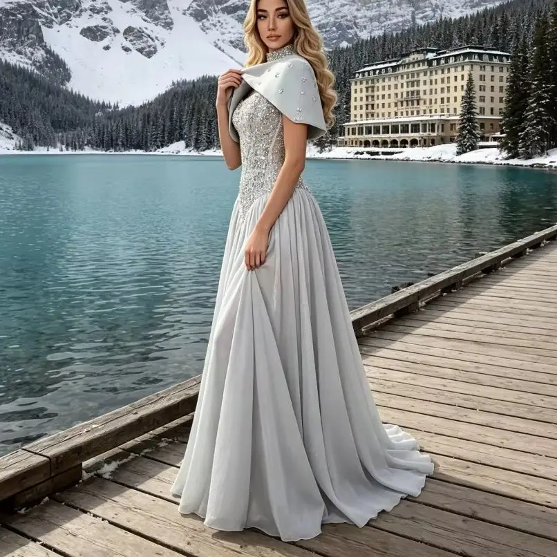 Customized Strapless Beaded A-line Evening Gown for 2026 with Small Cape and Pleated Slim Fit Ball Dress Suitable for Weddings