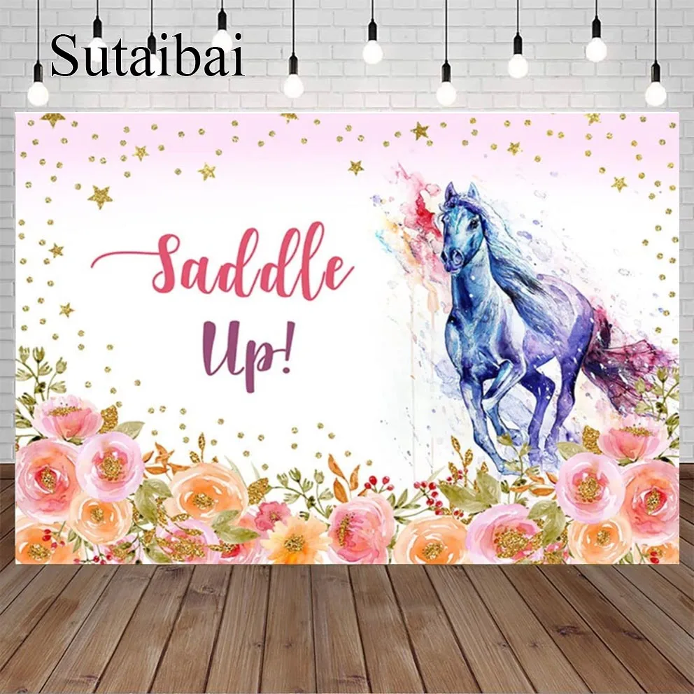 

Horse Birthday Backdrop Saddle Up Banner for Cowgirl Wild West Birthday Party Decorations Supplies Photography Background