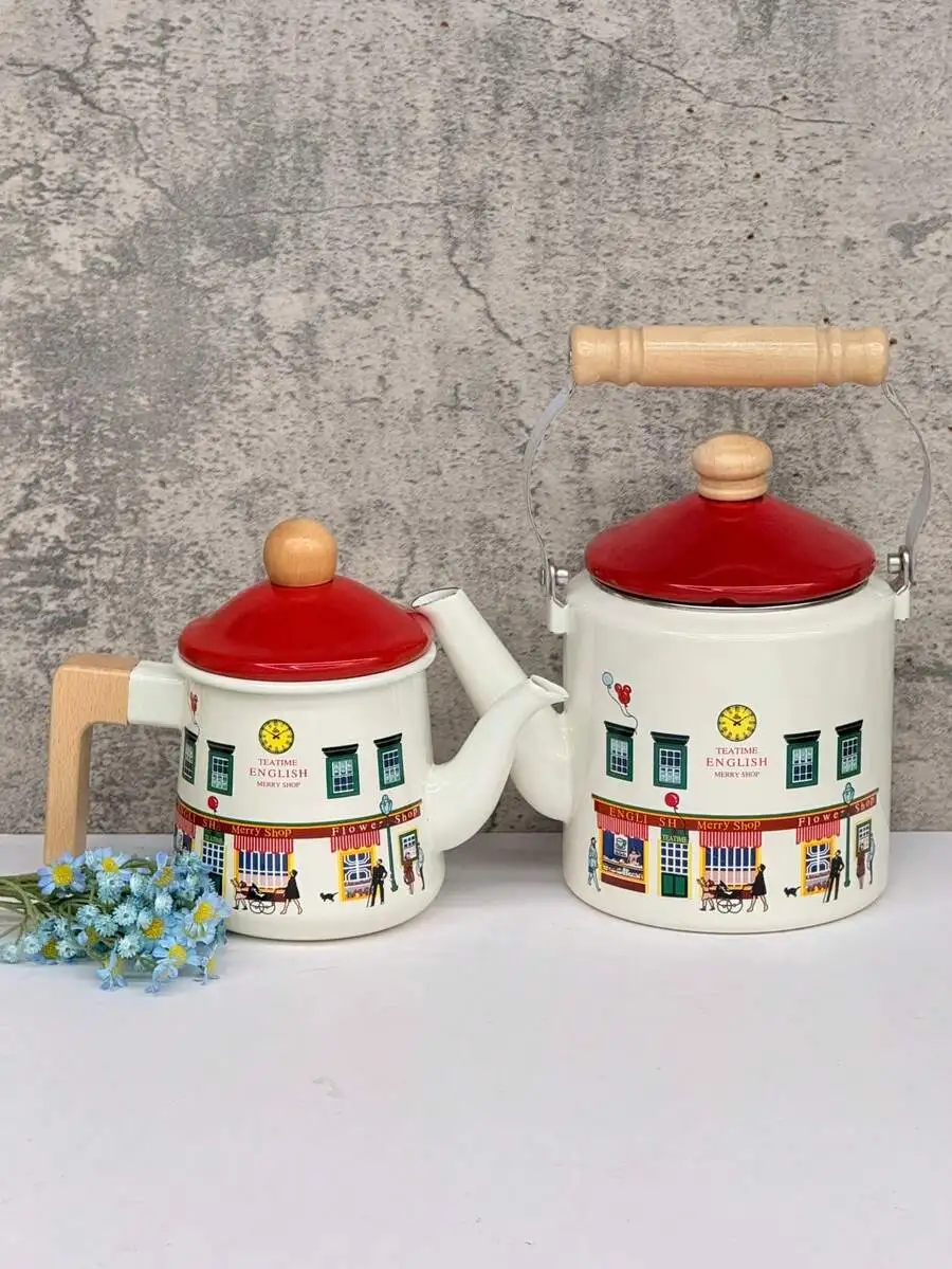 Vintage British Street Scene Enamel Teapot, Heat-Resistant Wooden Handle, Artistic Illustration Style Tea Kettle