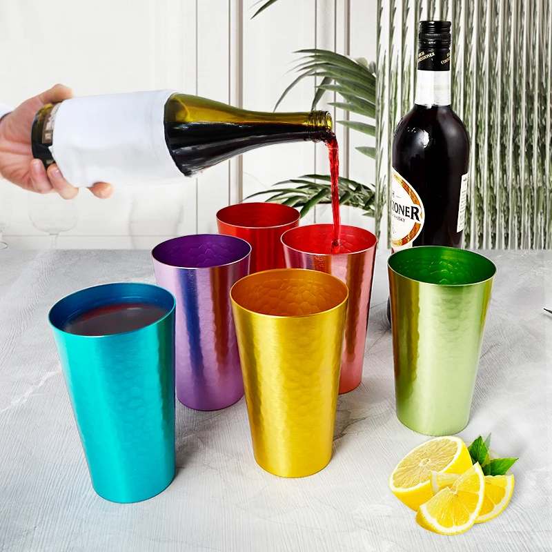 6PCS Colorful Aluminum Cold Drink Cups Cold Coffee Beer Mugs Stackable Stone Surface Hammer Texture Aluminum Cup Home Travel Cup